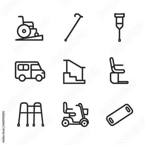 Volunteer Mobility Icons. Outline icon set of volunteer mobility assistance: wheelchair ramp, walking cane, crutch, accessible van