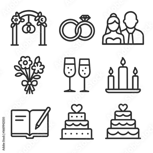 Vow Renewal Icon Set. Outline icon set of vow renewal ceremony: wedding arch, intertwined rings, couple silhouette, officiant