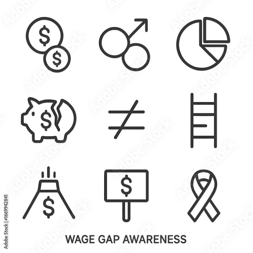 Wage Gap Icon Set. Outline icon set of wage gap awareness: two coins of different sizes, gender symbols with arrow, pie chart