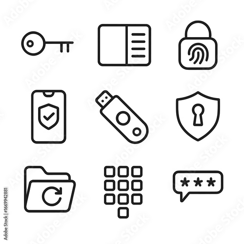Wallet Security Icons. Outline icon set of wallet security features: private key, seed phrase, biometric lock, two-factor