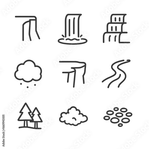 Waterfall Icon Set. Outline icon set of natural waterfall features: cliff edge, plunge pool, cascading tiers, mist cloud, rocky