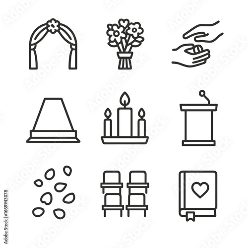 Wedding Ceremony Icons. Outline icon set of wedding ceremony essentials: wedding arch, bridal bouquet, rings exchange, aisle