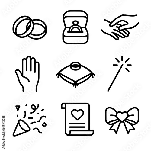 Wedding Ritual Icons. Outline icon set of ring exchange ritual: two wedding bands, velvet ring box, exchanging hands, witness hand