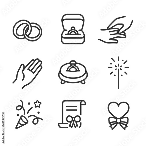 Wedding Ritual Icons. Outline icon set of ring exchange ritual: two wedding bands, velvet ring box, exchanging hands, witness hand