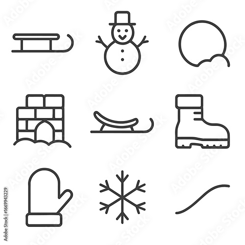 Winter Fun Icons. Outline icon set of snowy outdoor play: sled, snowman, snowball, snow fort, toboggan, winter boot, glove,