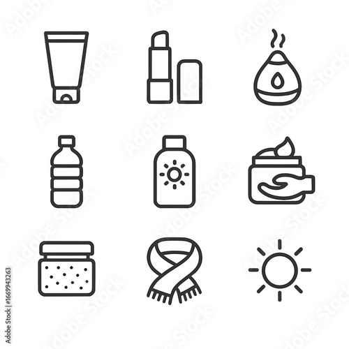 Winter Skincare Icons. Outline icon set of winter skin and hydration care: moisturizer tube, lip balm stick, humidifier, water