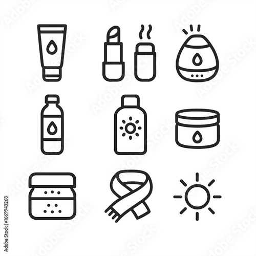 Winter Skincare Icons. Outline icon set of winter skin and hydration care: moisturizer tube, lip balm stick, humidifier, water
