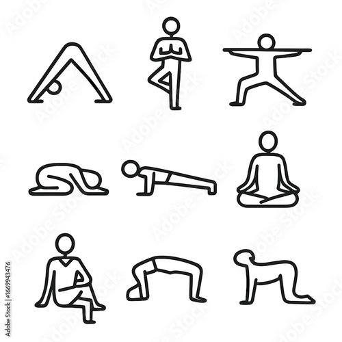Yoga Pose Icons. Outline icon set of yoga poses: downward dog, tree pose, warrior II, child’s pose, plank pose, lotus pose, seated