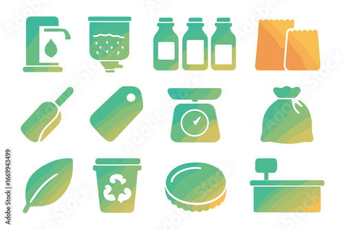 Zero-Waste Icons. Gradient icons set of zero-waste retail displays: refill station pump, bulk food hopper, glass dispensers, paper