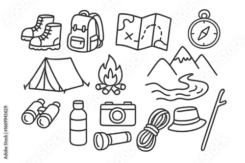 Adventure Essentials Doodle. Hand-drawn doodle illustration adventure journey hiking boots, backpack, map, compass, tent, campfire
