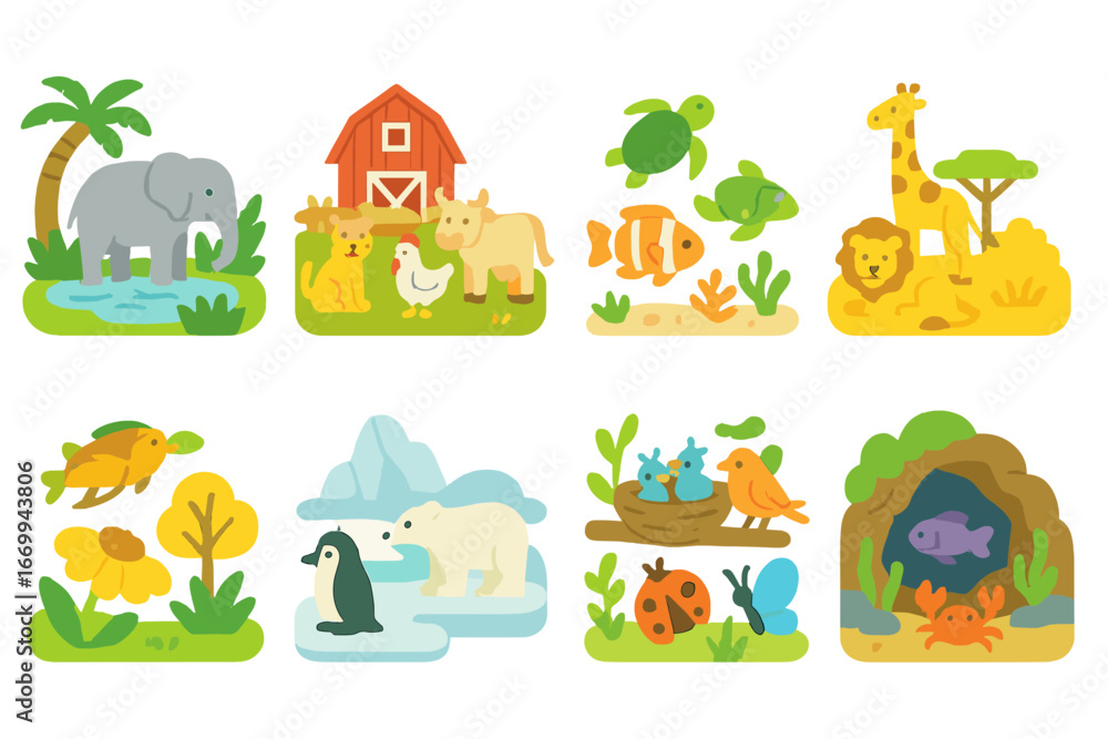 Fototapeta premium Animal Habitats Grid. Flat vector mini-illustrations animal scenes in colors children's illustrations: jungle watering hole,