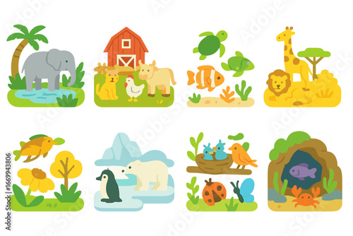 Animal Habitats Grid. Flat vector mini-illustrations animal scenes in colors children's illustrations: jungle watering hole,