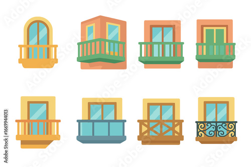 Balcony Icons for Kids. Flat vector mini-illustrations balcony types in colors children's illustrations: Juliet balcony, corner