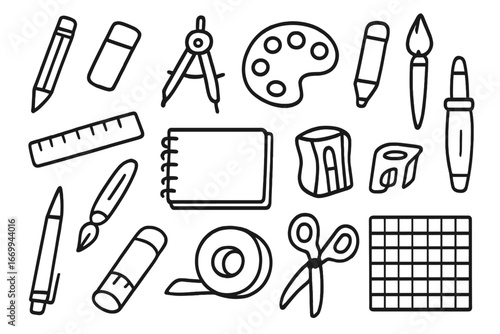 Art Tools Illustration. Hand-drawn doodle illustration drawing tools pencil, eraser, ruler, compass, paintbrush, color palette,
