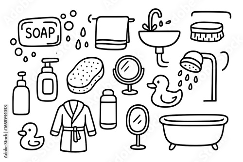 Bathroom Doodle Essentials. Hand-drawn doodle illustration soap block soap bar, bubbles, water droplets, towel, sink, faucet,