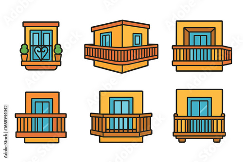 Balcony Icons for Kids. Flat vector mini-illustrations balcony types in colors children's illustrations: Juliet balcony, corner