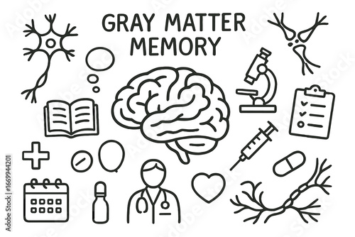 Brain Science Doodle. Hand-drawn doodle illustration gray matter memory gray matter, brain, neuron, synapse, thought bubble, book,