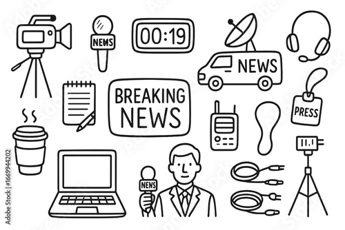 Breaking News Essentials. Hand-drawn doodle illustration Breaking news coverage camera, microphone, timer, satellite truck, walkie
