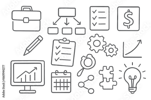 Business Doodle Icons. Hand-drawn doodle illustration business scheme briefcase, flowchart, checklist, dollar sign, arrows,