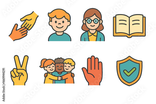 Bullying Prevention Icons. Flat vector mini-illustrations bullying prevention in colors children's illustrations: helping hand,