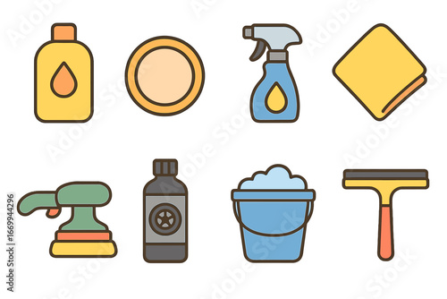 Car Care Icons. Flat vector mini-illustrations car detailing in colors children's illustrations: wax bottle, polishing pad, spray