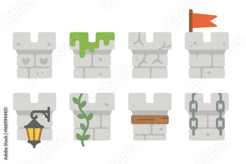 Castle Battlements Icons. Flat vector mini-illustrations battlements details in colors children's illustrations: carved stone,