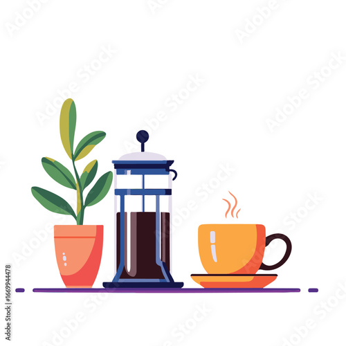 Coffee cup and french press brewing