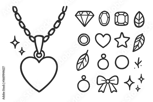 Charming Jewelry Sketch. Hand-drawn doodle illustration gold pendant gold chain, bail, clasp, diamond, ruby, sapphire, emerald,