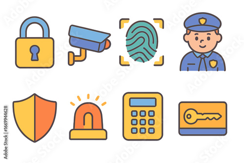 Child Safety Icons. Flat vector mini-illustrations security alert in colors children's illustrations: locked padlock, CCTV camera,