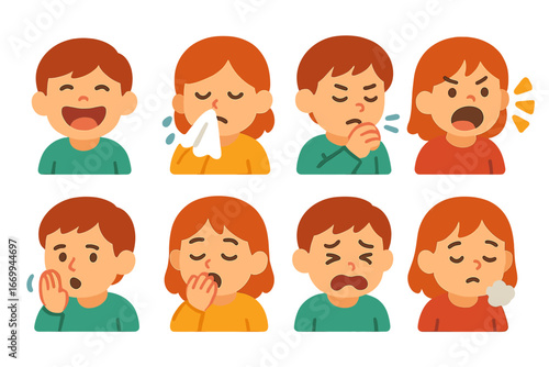 Child's Emotion Icons. Flat vector mini-illustrations emotions in colors children's illustrations: happy face with speech bubble,
