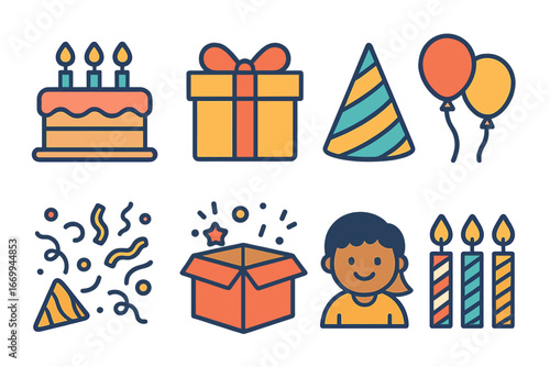 Children's Birthday Icons. Flat vector mini-illustrations scream and surprise gifts in colors children's illustrations: birthday