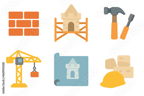 Children's Construction Icons. Flat vector mini-illustrations turret construction in colors children's illustrations: bricks,
