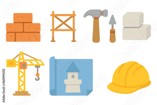 Children's Construction Icons. Flat vector mini-illustrations turret construction in colors children's illustrations: bricks,