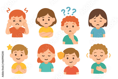 Children's Emotional Icons. Flat vector mini-illustrations mistakes and emotions in colors children's illustrations: frustration,