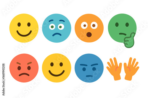 Children's Emotion Icons. Flat vector mini-illustrations puzzle emotions in colors children's illustrations: happy face, confused