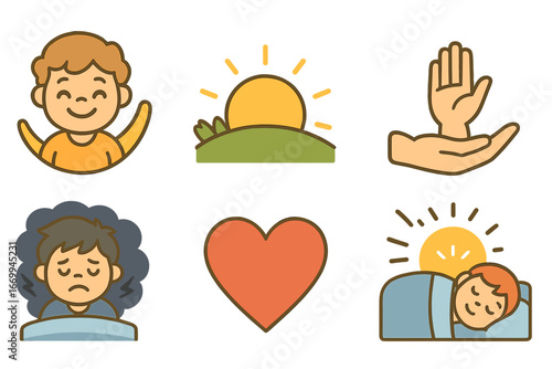 Children's Emotions Recovered. Flat vector mini-illustrations nightmare and emotions recovery in colors children's illustrations: