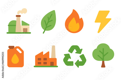 Children's Energy Icons. Flat vector mini-illustrations bioenergy in colors children's illustrations: biomass plant, leaf, fire