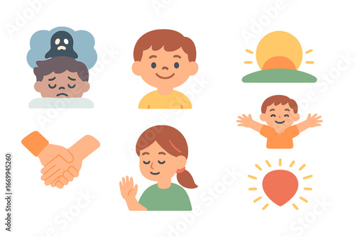 Children's Emotions Recovered. Flat vector mini-illustrations nightmare and emotions recovery in colors children's illustrations: