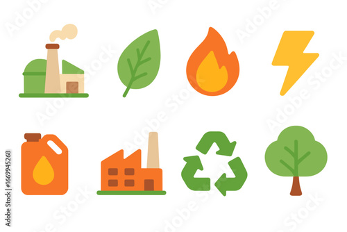 Children's Energy Icons. Flat vector mini-illustrations bioenergy in colors children's illustrations: biomass plant, leaf, fire