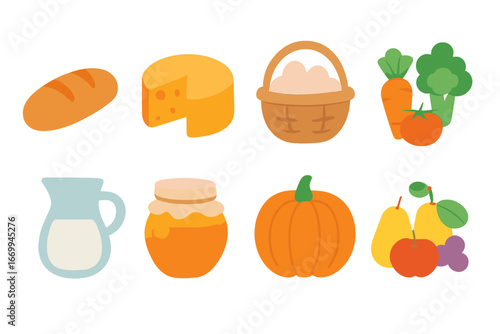 Children's Food Icons. Flat vector mini-illustrations peasant food in colors children's illustrations: loaf of bread, cheese wheel