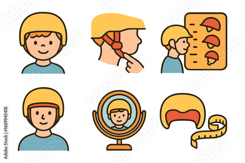 Children's Helmet Safety Icons. Flat vector mini-illustrations helmet fit test in colors children's illustrations: helmet on head,