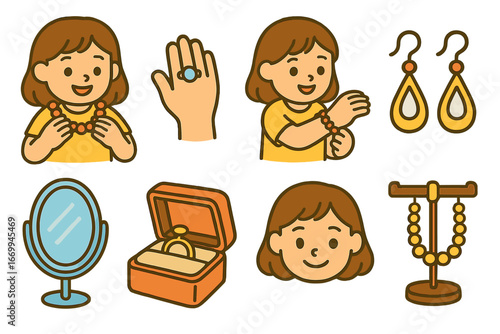Children's Jewelry Playtime. Flat vector mini-illustrations jewelry try on in colors children's illustrations: child trying on