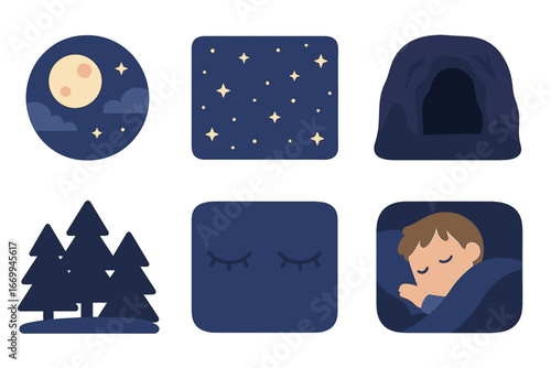 Children's Nighttime Adventures. Flat vector mini-illustrations darkness scenes in colors children's illustrations: moonlit night,