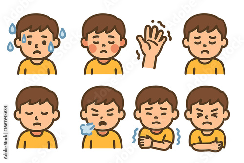 Children's Pain Icons. Flat vector mini-illustrations pain symptoms in colors children's illustrations: sweating, flushed face,