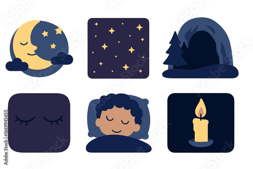 Children's Nighttime Adventures. Flat vector mini-illustrations darkness scenes in colors children's illustrations: moonlit night,