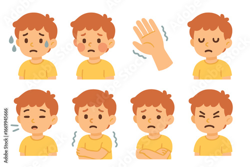 Children's Pain Icons. Flat vector mini-illustrations pain symptoms in colors children's illustrations: sweating, flushed face,