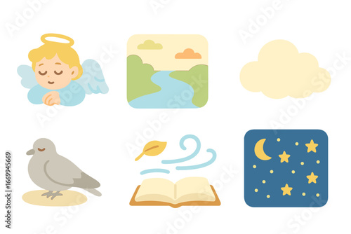 Children's Peaceful Icons. Flat vector mini-illustrations peaceful rest in colors children's illustrations: sleeping angel, calm