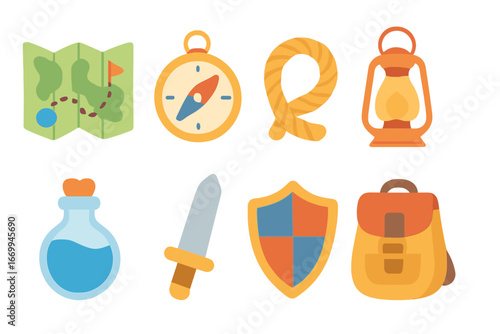 Children's Quest Tools. Flat vector mini-illustrations quest tools in colors children's illustrations: map, compass, rope, lantern