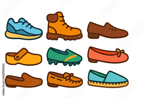 Children's Shoe Icons. Flat vector mini-illustrations shoe types in colors children's illustrations: running shoe, hiking boot,