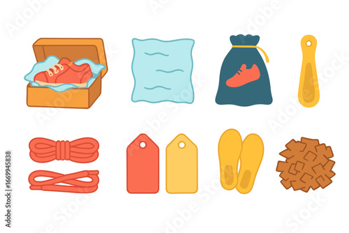 Children's Shoe Box Icons. Flat vector mini-illustrations shoebox contents in colors children's illustrations: shoes inside box,